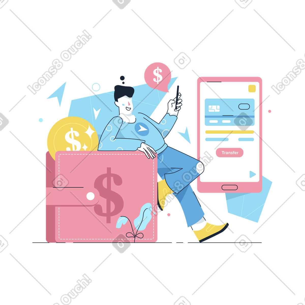 Work Hard スタイルの オンラインで通貨を転送する男 のイラストをPNG、SVG形式でダウンロード