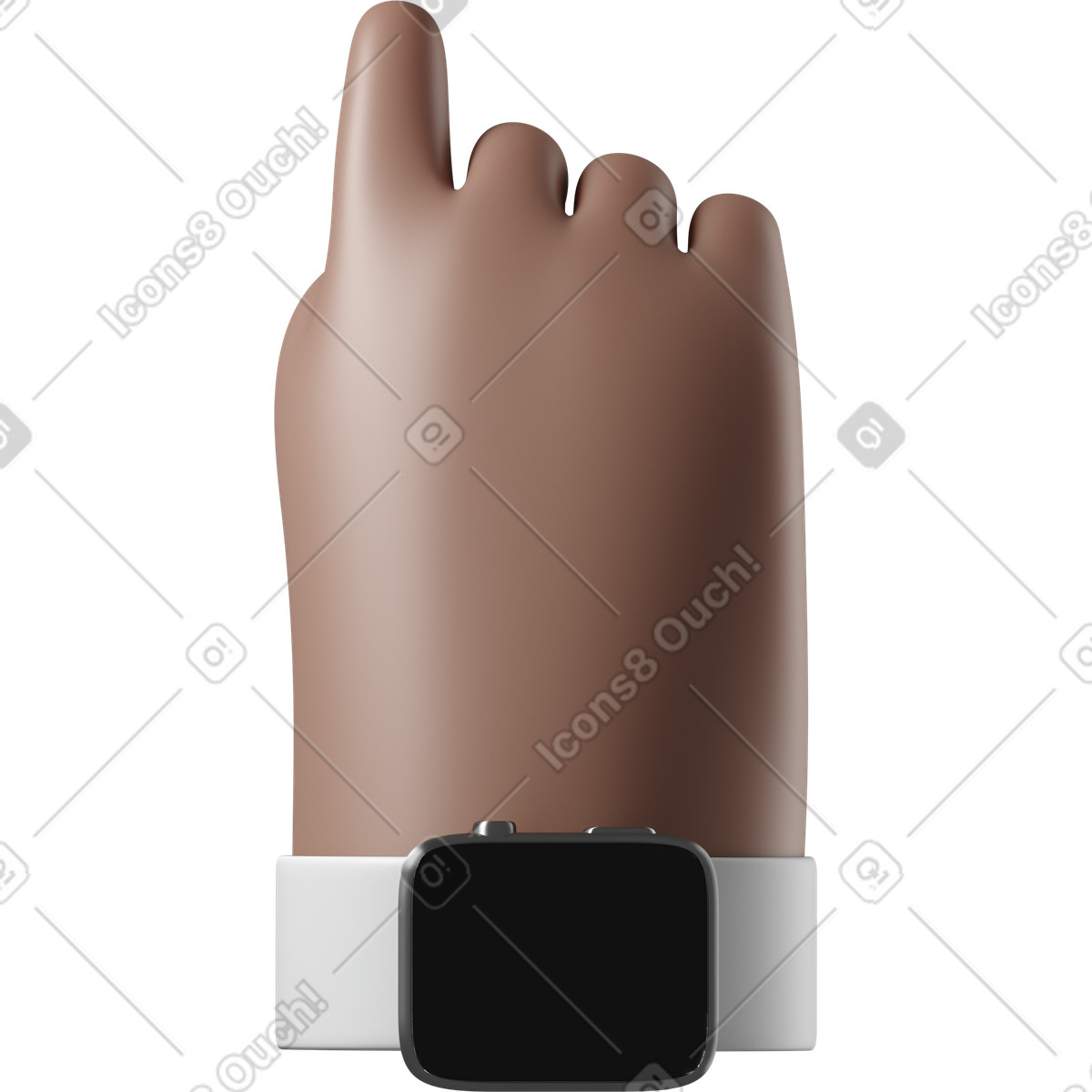 下载 3D Hands Fun&Wild 风格的 棕色皮肤手的后视图，智能手表已关闭，指向上方 插画，支持 PNG、SVG 格式