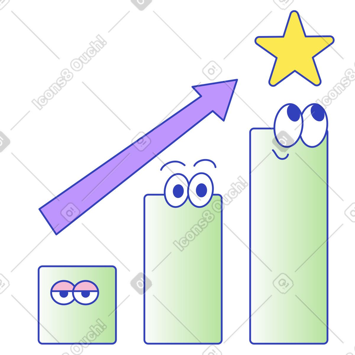 Growing graphwith faces and target star, Performance improvement strategy illustration in Eyeful style download in PNG, SVG