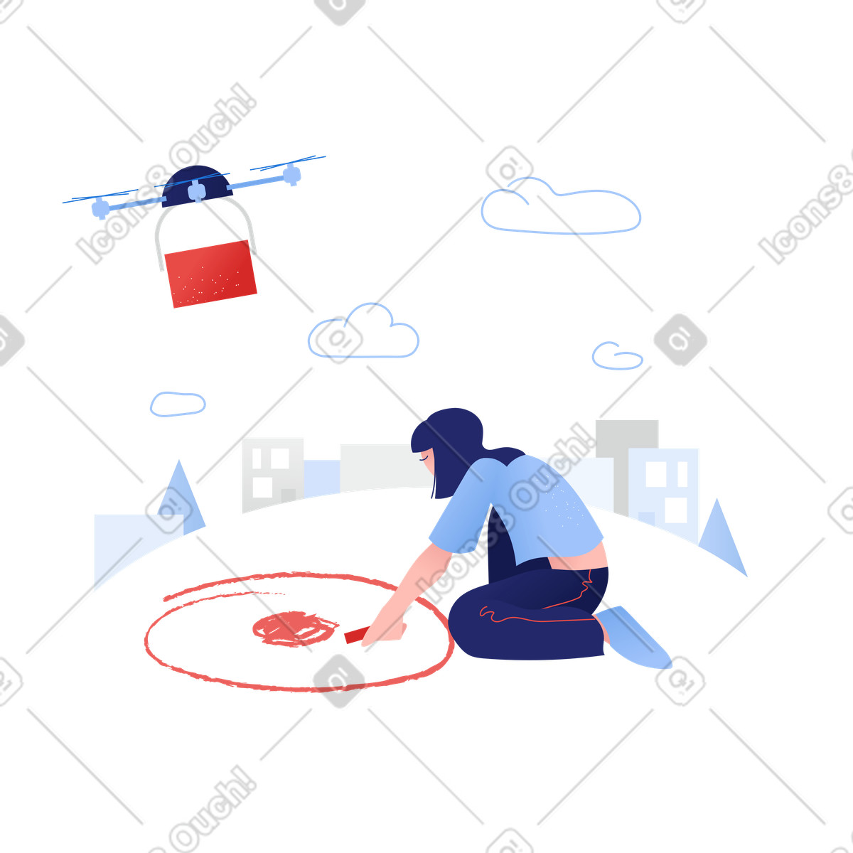 Ilustração de Mulher recebendo encomenda entregue por drone em no estilo Clip para baixar em PNG, SVG