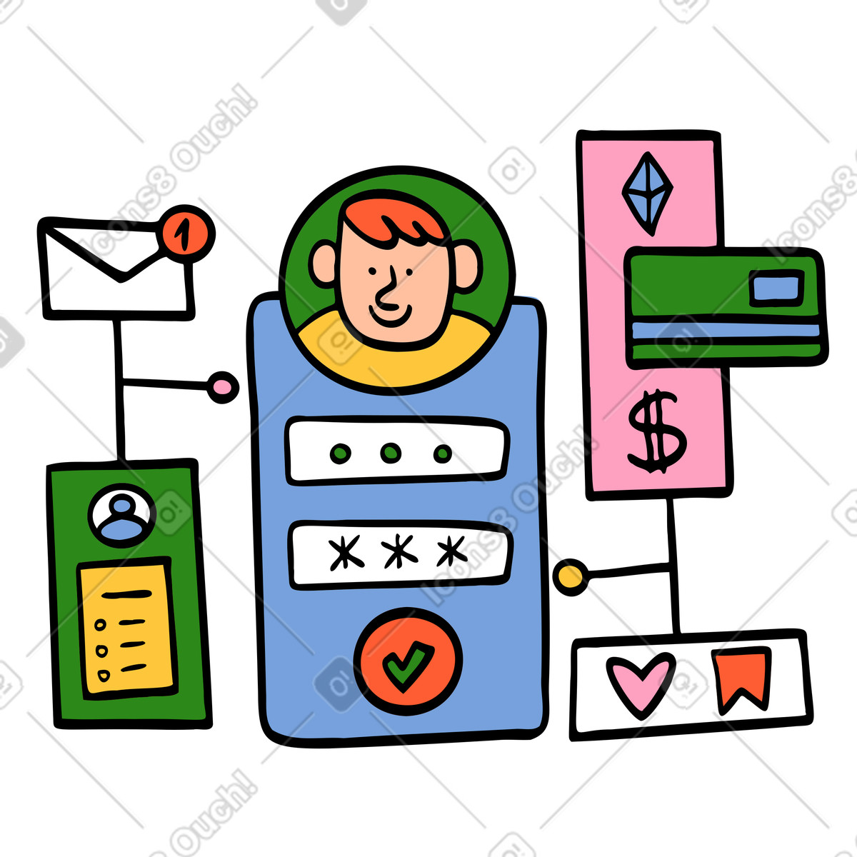 Account login and user interface illustration in PNG, SVG