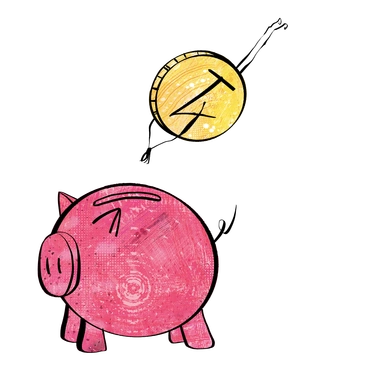 A piggy bank with a coin above it - Doobry style illustration