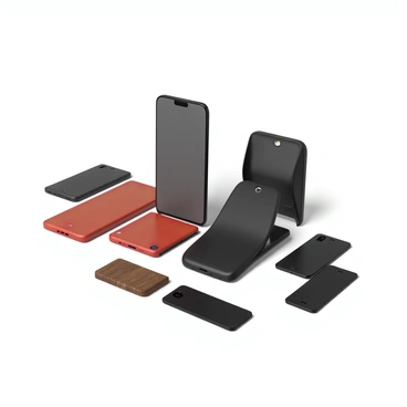 A sleek smartphone with a large touchscreen display is positioned at the center of the image. It features various interchangeable back covers laid out beside it, showcasing different colors and textures, such as matte black, glossy red, and textured wood grain. The smartphone also has several modules placed nearby, each designed to add unique functionalities, like a camera attachment and a battery extender. The device appears modern and innovative, highlighting its versatility and the ability to customize according to user preferences.