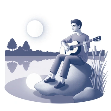 A musician is sitting on a smooth rock at the edge of a tranquil lake. The musician is playing an acoustic guitar, with their eyes closed, deeply immersed in the melody. The scene is illuminated by the soft glow of a full moon reflecting on the still water surface. Surrounding the musician, there are tall grasses swaying gently in the night breeze and a few trees in the background, their silhouettes outlined by the moonlight. The calmness of the lake enhances the peaceful atmosphere of the moment.