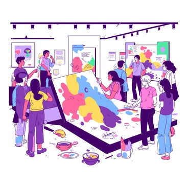 A vibrant gallery filled with visitors engaged in a large collaborative illustration project. Groups of people of various ages and backgrounds are gathered around a massive canvas, some holding brushes while others are discussing their ideas animatedly. The canvas is partially covered in colorful designs, with splashes of different shades blending into one another. The walls of the gallery are adorned with various art pieces, creating a lively atmosphere. Bright lights illuminate the space, highlighting the creativity and energy among the visitors as they contribute their unique touches to the artwork.