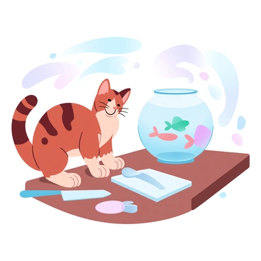 A Bengal cat with distinct spotted fur is curiously staring at a fishbowl placed on a kitchen counter. The fishbowl is round and filled with clear water, and inside are colorful fish swimming gently. The kitchen counter is wooden and has a few kitchen utensils scattered around, including a cutting board and a knife. The background features simple kitchen decor, with soft light illuminating the scene.