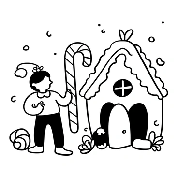 An elf holding a giant candy cane stands outside a detailed gingerbread house. The elf has pointed ears and a festive outfit. The gingerbread house features intricate icing decorations and candy embellishments. There are peppermint swirls and gumdrops scattered around, adding to the festive atmosphere. Snowflakes gently fall around the scene, creating a wintery setting.