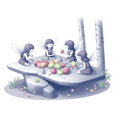 A gathering of small fairies in a woodland clearing. They are seated on a large, flat rock that serves as a communal table festooned with an array of assorted fruits, including apples, berries, and pears. The fairies are depicted with delicate wings, wearing natural attire made of leaves and petals. Surrounding them are various decorations made from twigs, flowers, and vibrant foliage. Some fairies are holding a fruit, while others are engaged in cheerful conversation. In the background, there are trees with intricate bark patterns and a soft, textured ground covered in leaves and small wildflowers.