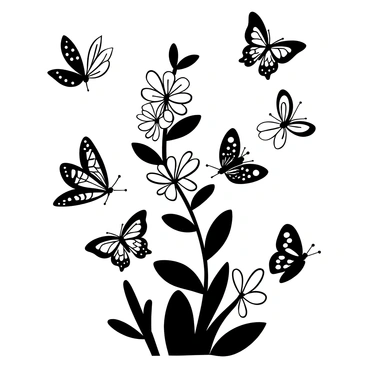 A swarm of butterflies with distinct patterns and shapes hovering around a flowering vine. The vine is adorned with numerous blossoms that are open and full, dripping with nectar. Each butterfly is in a different pose, some are perched delicately on the flowers while others are in mid-flight. The scene captures the dynamic movement of the butterflies as they interact with the vibrant flowers, creating a lively, natural composition.
