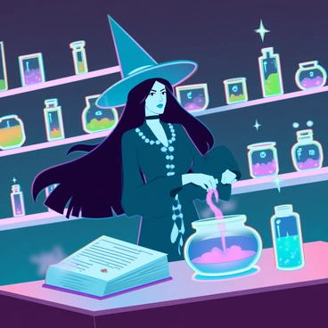 A witch with long, flowing black hair and a pointed hat is standing in a dimly lit alchemy lab. She wears a deep green robe with silver embellishments. Surrounding her are shelves filled with various glass vials and jars containing glowing liquids in vibrant colors like neon green, luminous blue, and fiery orange. The witch is carefully pouring a shimmering purple liquid from one vial into a large glass cauldron that emits wisps of smoke. A large tome lies open on the table next to her, filled with arcane symbols and diagrams. Crystals of different shapes and sizes adorn the workspace, reflecting the glowing colors in a mesmerizing way.