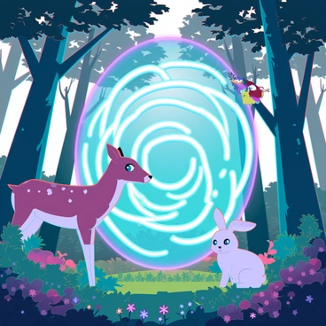 A vibrant forest glade filled with dappled sunlight filtering through the leaves of tall, ancient trees. In the center, a shimmering, swirling magical portal radiates bright colors, casting a warm glow on the surrounding flora. Various animals, including a curious deer with large eyes, a playful rabbit with fluffy ears, and a couple of small birds perched on nearby branches, approach the portal with cautious fascination. The ground is scattered with colorful wildflowers and green ferns, adding to the enchanting atmosphere. The scene captures the moment of intrigue as nature and magic intertwine.