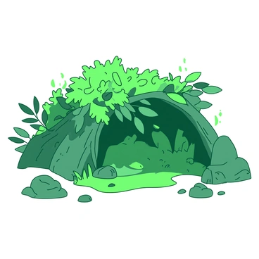 A green makeshift shelter built into a hillside, constructed with small branches and large leaves for camouflage. The structure is partially covered by an assortment of vibrant green foliage that blends seamlessly with the surrounding landscape. Sunlight peeks through the leaves above, casting dappled shadows on the ground. Surrounding the shelter, there are scattered rocks and patches of grass, creating a natural setting that enhances the concealment of the structure.