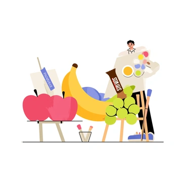 An artist painting a still life featuring a Snickers bar among fruits.