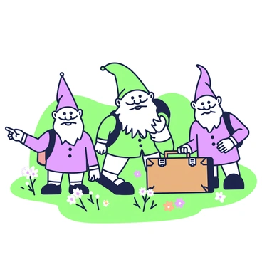 A group of vintage gnomes is standing together, ready for an adventurous journey. Each gnome is uniquely designed, with different hats and facial expressions. They are holding tiny suitcases made of wood, adorned with metal clasps. One gnome is pointing ahead, while another is adjusting his backpack. The gnomes are gathered on a grassy patch, surrounded by a few colorful wildflowers. In the background, there are rolling hills that add to the sense of exploration.