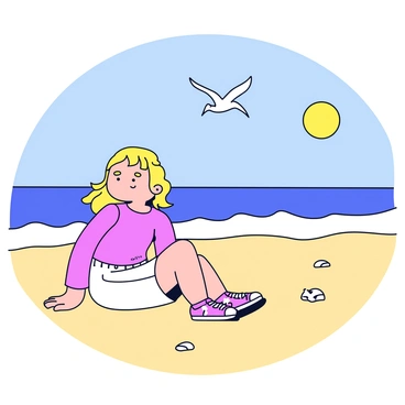 A girl sitting on a sandy beach. She has long wavy hair that is gently blowing in the breeze. Her expression is dreamy as she gazes at the waves rolling onto the shore. The sun casts a warm glow, illuminating her relaxed posture. In the background, seagulls can be seen flying in the clear blue sky. The sandy beach extends in either direction, with a few scattered seashells nearby.