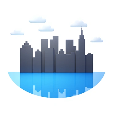 A city skyline with tall buildings, partly submerged in water. Only the rooftops of the buildings are visible above the water's surface. The buildings vary in height and architectural style, creating a diverse silhouette against the sky. The water is calm and reflects the outlines of the rooftops, creating a mirror-like effect. The sky is clear with a few scattered clouds, casting soft shadows on the water's surface.