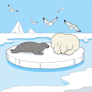 A large, flat piece of ice rests in the Arctic landscape, reflecting the bright sunlight. On top of the ice, there is a grey seal with dark spots, lying comfortably and looking around. Nearby, a large white polar bear is crouching low, its fur blending into the snowy surroundings, as it carefully sneaks closer to the seal. Above this scene, several seagulls with white feathers and black tips on their wings are soaring through the clear blue sky, some diving down towards the ice. The icy terrain is dotted with small, jagged icebergs in the background, completing the chilly Arctic environment.