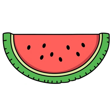 A vibrant crochet pattern shaped like a watermelon slice, showcasing a rich green outer rind and a juicy pink interior. The intricate details include tiny black beads scattered throughout, representing watermelon seeds. The texture of the crochet is visually appealing, with tightly woven stitches that create a sense of depth and dimension. The edges of the watermelon slice are slightly curved, enhancing the overall shape.