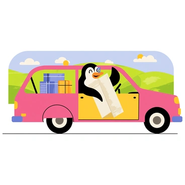 A cartoon-style illustration of "Feathers McGraw", a penguin character, sitting in the driver's seat of a colorful car. The car is packed with bags and a large map spread across the dashboard. Outside the car's windows, a green countryside landscape with rolling hills and a bright blue sky can be seen. "Feathers McGraw" has an excited expression, and there's a pair of sunglasses resting on his beak. The scene captures the spirit of adventure and travel.