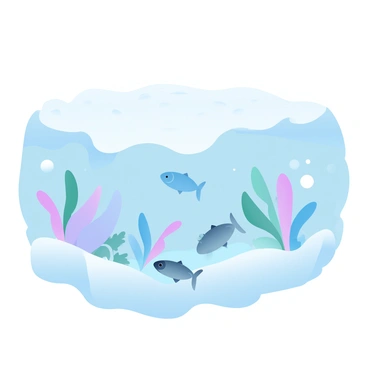 A clear sheet of ice covers the surface of a tundra lake, providing a view of the underwater scene. Below the ice, various marine life is visible, including schools of small fish swimming gracefully. Colorful aquatic plants sway gently in the water, creating a vibrant underwater landscape. Bubbles rise from the fish, adding movement to the tranquil scene. The light from above filters through the ice, casting soft reflections and illuminating the diverse underwater ecosystem. The surrounding ice has a smooth texture, contrasting with the lively marine life beneath.