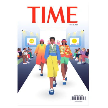 A glamorous runway show is taking place at fashion week, featuring a diverse group of models strutting down a long runway. The models are wearing high-fashion outfits with bold patterns and vibrant colors, showcasing the latest trends. The audience is composed of elegantly dressed spectators and photographers capturing the moment with cameras. Behind the runway, large screens display the event's branding and sponsors. The scene is framed by bright lights illuminating the runway. The words "TIME" are prominently displayed at the top of the cover, accompanied by the date and issue number.