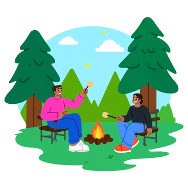 A couple, a man and a woman, is toasting marshmallows over a small, crackling campfire in the center of a forest clearing. The man holds a long stick with a fluffy, golden-brown marshmallow on the end, while the woman carefully watches the flames. Tall trees with vibrant green leaves surround the clearing, and soft patches of grass cover the ground. The campfire emits warm orange and yellow flames, creating a cozy atmosphere. The couple has cheerful expressions as they enjoy their evening together, and a few stars can be seen peeking through the tree branches above.