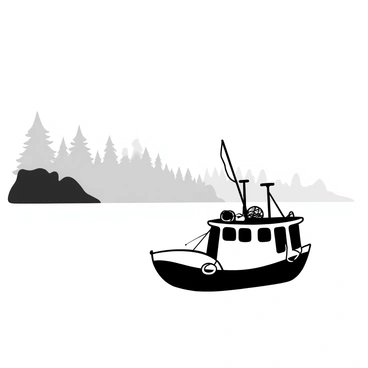 A fishing barge floating on calm water, with fishing rods and nets visibly placed on its deck. In the background, a foggy shoreline emerges, partially obscured by thick mist. Pine trees are faintly visible, their silhouettes standing tall above the shoreline, creating a sense of depth in the scene. The atmosphere is quiet and tranquil, enhancing the isolation of the barge drifting near the fog-enshrouded land.