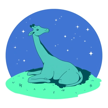 A teal giraffe is lying on a green grassy hill, its long neck stretched back as it gazes up at the night sky. The stars are twinkling brightly against the backdrop of the deep blue. The giraffe's large, gentle eyes are filled with wonder as it observes the constellations above. The grassy hill gently slopes around the giraffe, adding to the peaceful scene.