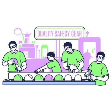 A safety gear assembly line is busy producing bike helmets. In the foreground, a series of workers are engaged in tasks such as assembling helmet components and applying labels. Each worker is focused, wearing green uniforms and safety glasses. The helmets are placed on a conveyor belt, with a variety of helmet shapes and sizes visible. In the background, large machines are operating, with parts and tools organized neatly. A sign above the assembly line reads "Quality Safety Gear," clearly visible in the composition.