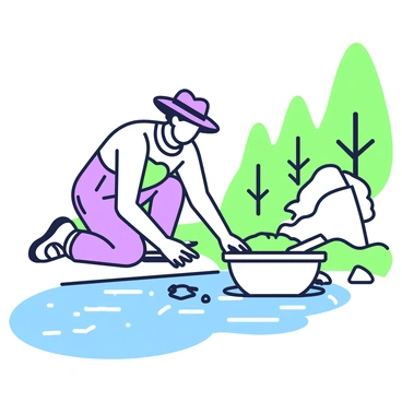 A miner is kneeling by the edge of a river, using a pan to sift through the flowing water. He has a rugged appearance, with a sturdy hat casting a shadow over his face. His hands are submerged in the water as he carefully tilts the pan to wash away the sediment. Small ripples form around the pan, indicating the movement of the current. In the background, there are trees lining the riverbank, and a few small rocks scattered along the shore. Sunlight glints off the surface of the water, creating a shimmering effect.