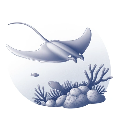 A stingray swimming smoothly above a detailed coral reef. The stingray has a flat, wide body and long, slender tail, while the coral reef features various shapes and textures, including fan corals and branching structures. Sunlight filters down through the water, casting soft shadows on the reef below. Small fish can be seen darting around the coral, adding life to the underwater scene.