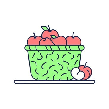 A basket is placed on a flat surface, filled with a total of seven apples. Inside the basket, there are five whole apples, evenly arranged, with a shiny red surface. Next to them, there are two halves of apples, cut in half to reveal their juicy interior. The basket itself is woven, displaying intricate patterns, and is constructed from natural materials. The apples and the basket create a colorful and appealing composition.
