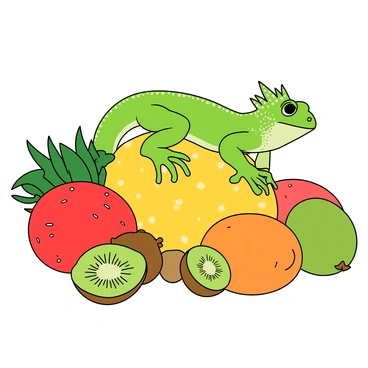 A vibrant crested gecko with bright green skin and distinctive frilled crest is climbing over a colorful pile of assorted tropical fruits. The gecko's skin has small, intricate patterns that shimmer under the light. Surrounding the gecko are various fruits, including a large yellow pineapple, deep red dragon fruit, luscious green kiwis, and ripe orange mangoes, all arranged in a dynamic composition. The fruits are detailed with textures and colors, showcasing their natural gloss and vibrancy. The scene captures a sense of liveliness with the gecko actively climbing among the fruits.