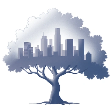 A tree with a double exposure effect showing a vibrant city skyline within its leaves