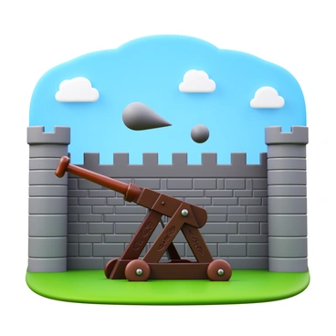 A large trebuchet in the foreground, crafted from dark wood with intricate carvings. The trebuchet's arm is in mid-swing, releasing a massive boulder, which is flying through the air towards a fortified stone wall in the background. The wall is tall and imposing, made of weathered gray stones, with defense towers at each corner. The scene is set in an open field with a clear blue sky, and a few scattered clouds, adding depth to the image.