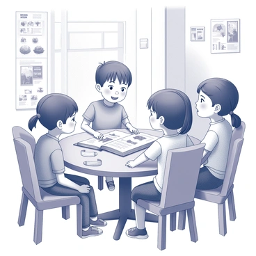 Children learning about customs from various countries through colorful illustrations in a storybook.