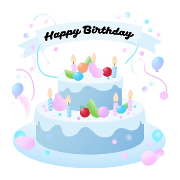 A round birthday cake with three layers is prominently displayed on a decorated table. The cake is covered in smooth, pastel-colored frosting, adorned with colorful sprinkles and fresh fruit on top. Sparkler candles are lit and positioned at various points around the cake, creating bright points of light. Surrounding the cake are small party decorations, including balloons and streamers in gradient pastel colors, adding to the festive atmosphere. A “Happy Birthday” banner is draped in the background, emphasizing the celebration.