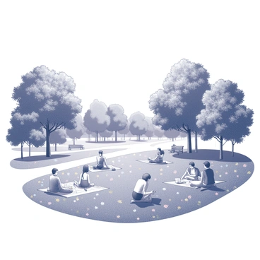 A landscape in Helsinki featuring a lush park filled with wildflowers. There are various types of flowers scattered throughout the area, creating a vibrant natural scene. In the foreground, several groups of people are having picnics on blankets spread out on the grass. Some individuals are sitting and enjoying food while others are engaged in conversation or playing games. Trees provide shade in certain areas of the park, and the gentle contours of the land create a sense of depth. Scattered benches are placed along pathways, and a few people can be seen walking in the background.