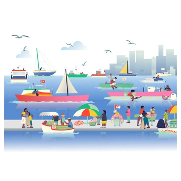 A busy main harbor is filled with a variety of boats, ranging from small fishing vessels to larger sailboats. The water is a deep blue, reflecting the clear sky above. Seagulls are flying overhead, some perched on the edges of the boats, while others hover near the water looking for fish. On the docks, people are actively unloading supplies and chatting, creating a sense of bustling activity. Colorful umbrellas dot the area where vendors are selling fresh seafood and local crafts. The harbor is framed by a line of tall buildings, with flags waving gently in the breeze.