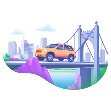 A crossover SUV is crossing an iconic city bridge, with its wheels partially lifted above the road as it navigates the structure. The SUV is painted in a vibrant color, reflecting sunlight. In the background, there is a panoramic view of a city skyline featuring a mix of modern skyscrapers and historic buildings. The sky is clear with a few soft clouds, allowing the sunlight to illuminate the scene. The bridge has decorative details and steel cables, adding to the overall composition of the image.