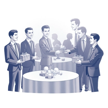 A groom is smiling as he hands out special gifts to his groomsmen during the wedding reception. The groom is dressed in a formal suit, showcasing a stylish tie and polished shoes. His groomsmen stand nearby, wearing matching suits, looking excited and appreciative as they receive the gifts. Each groomsman is holding a wrapped box adorned with a ribbon. The setting includes elegantly decorated tables with floral centerpieces and soft lighting, creating a festive atmosphere. Guests are mingling in the background, contributing to the joyful ambiance of the celebration.