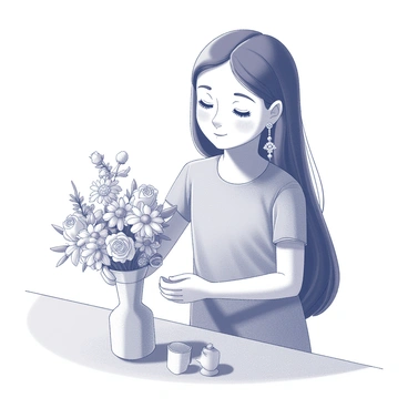 A girl is standing in a well-lit room, engaged in the activity of arranging a bouquet of flowers. She has long, flowing hair that frames her face. "Jhumka earrings" dangle from her ears, catching the light as she moves. In front of her, a variety of fresh flowers, including roses and daisies, are spread out on a table. The girl is carefully selecting the flowers, holding one in her hand while assessing its placement in the bouquet. The atmosphere is filled with the natural beauty of the flowers and the girl's focused expression.