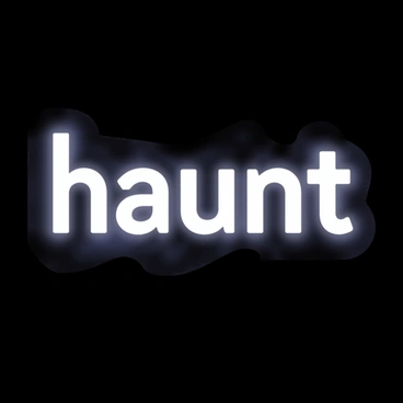 The word "haunt" is displayed prominently in the center of the image using a ghostly font style that appears to be semi-transparent and fog-like. Surrounding the word, a thick layer of mist swirls gently, creating an atmosphere of eeriness. The mist has a slight blue tint, enhancing the ghostly feel. The background is dark, allowing the word "haunt" to stand out while the mist adds a dynamic element that seems to move and shift around the text.