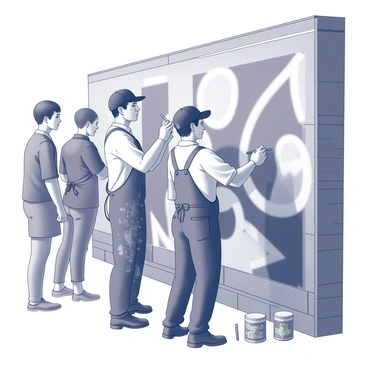 Two artists are standing side by side in a lively urban environment. One artist, wearing a black cap and a paint-splattered apron, is applying bold black lines to a large mural with a brush. The other artist, dressed in a white shirt and overalls, is adding intricate details with a fine-tipped marker. The mural is displayed on a brick wall and features a dynamic fusion of their styles, showcasing abstract shapes alongside realistic elements. Spectators can be seen in the background, observing the collaboration with interest. There are paint cans and brushes scattered around their feet, adding to the bustling atmosphere of creativity.
