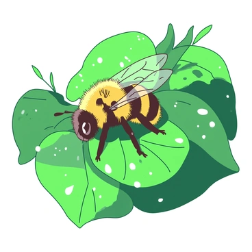 A yellow carpenter bee is resting on a large green leaf covered in glistening dew drops. The bee's fuzzy body is prominently visible, showcasing its distinct black and yellow stripes. The surface of the leaf exhibits vibrant shades of green, contrasting with the shiny droplets that reflect the light. Sunlight filters through nearby foliage, casting soft shadows around the bee, enhancing the natural setting.