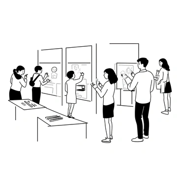 A brightly lit room filled with large interactive displays designed for digital illustration. Several visitors, both adults and children, are engaged with the screens, using styluses to create drawings. One child is focused on sketching a cartoon character, while an adult beside them is experimenting with abstract shapes. The room features a modern design with sleek furniture and a variety of digital art tools available on nearby tables. The atmosphere is lively, with people discussing their artwork and sharing tips.