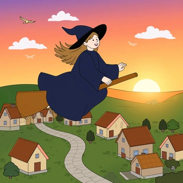 A young witch with light brown hair, wearing a dark blue robe and a pointed hat, is flying on a wooden broomstick. She has a joyful expression, her hair flowing in the wind as she glides through the sky. Below her is a quaint village, featuring small, colorful houses with thatched roofs and cobblestone streets. The sky is painted in warm shades of orange, pink, and purple as the sun sets on the horizon. Fluffy clouds scatter across the sky, illuminated by the golden light. A few birds can be seen flying alongside her, adding to the lively scene.