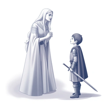 A female figure, resembling "Galadriel," is standing gracefully. She has long, flowing hair and is dressed in an elegant, intricate gown. She is leaning slightly forward, her hands gently clasped together in front of her. A young warrior is positioned before her, dressed in armor, with a determined expression. He holds a sword at his side, and his posture indicates a mixture of apprehension and resolve. The surrounding environment has an ethereal quality, with soft, diffused light creating a sense of focus on their interaction. Galadriel's expression conveys wisdom and encouragement, while the warrior appears visibly inspired by her words.