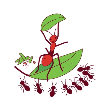 A red ant stands upright on a small leaf, proudly holding a shiny green leaf fragment above its head. Surrounding the ant are several small black ants, gathered together in a semicircle. The cheering ants have their tiny antennae raised and appear to be clapping their forelegs. In the background, there are small bits of foliage and a few scattered crumbs, adding to the festive atmosphere of the miniature celebration. The scene is set in a natural environment with soft diffused lighting illuminating the ants and their harvest.