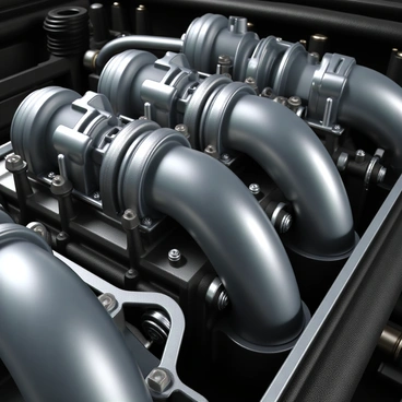 A close-up view of several pistons moving inside a car engine. The pistons are shiny and metallic, reflecting light as they move up and down within their cylindrical chambers. The engine components surrounding them are intricate, with various bolts, gaskets, and connecting rods visible. The background features hints of other mechanical parts, such as the crankshaft and camshaft, adding to the complexity of the engine. Light glints off the surfaces, emphasizing the metallic textures and the dynamic motion of the pistons, showcasing the concept of mechanical energy.